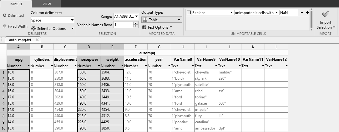 The Import Data Tool is used to import desired data columns.