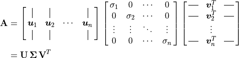 \begin{aligned}
  \mathbf{A} &= \spalignmat{\vertbar{} \vertbar{} {} \vertbar{};
                   \bm{u}_1 \bm{u}_2 \cdots{} \bm{u}_n;
                   \vertbar{} \vertbar{} {} \vertbar{} }
                \spalignmat{\sigma_1 0 \cdots{} 0;
                   0 \sigma_2 \cdots{} 0;
                   \vdots{} \vdots{} \ddots{}  \vdots{};
                   0  0 \cdots{} \sigma_n}
                \spalignmat{\horzbar{} \bm{v}_1^T \horzbar{};
                      \horzbar{} \bm{v}_2^T \horzbar{};
                      {}    \vdots{}        {};
                      \horzbar{} \bm{v}_n^T \horzbar{} } \\
                &= \mathbf{U\,\Sigma\,V}^T
    \end{aligned}