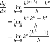 \begin{aligned}
\frac{dy}{dx} &= \lim_{h \to 0} \frac{k^{(x + h)} - k^x}{h} \\ \hfill
&= \lim_{h \to 0} \frac{k^x\,k^h - k^x}{h} \\ \hfill
&= \lim_{h \to 0} k^x \frac{(k^h - 1)}{h} \\\end{aligned}