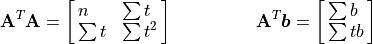 \mathbf{A}^T\mathbf{A} = \spalignmat[l]{ n \sum t; \sum t \sum t^2}
 \hspace{0.75in}
\mathbf{A}^T\bm{b} = \spalignmat[l]{ \sum b; \sum tb}