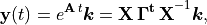 \mathbf{y}(t) = e^{\mathbf{A}\,t}\bm{k}
    = \mathbf{X\,\Gamma^t\,X}^{-1}\bm{k},