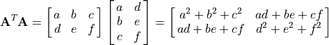 \mathbf{A}^T\mathbf{A} = \mat{a b c; d e f} \mat{a d; b e; c f}
= \mat{{a^2 + b^2 + c^2}, {ad + be + cf};
       {ad + be + cf}, {d^2 + e^2 + f^2}}