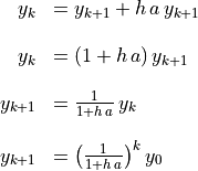 \begin{array}{rl}
        y_k &= y_{k+1} + h\,a\,y_{k+1} \\

        y_k &= (1 + h\,a)\,y_{k+1} \\

        y_{k+1} &= \frac{1}{1 + h\,a}\,y_k \\

        y_{k+1} &= \left(\frac{1}{1 + h\,a}\right)^k y_0 \\
    \end{array}