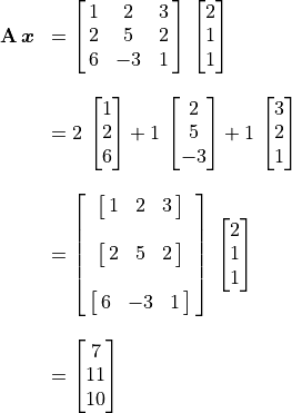 \begin{array}{ll}
\mathbf{A}\,\bm{x} & = \spalignmat{1 2 3; 2 5 2; 6 -3 1}\,
       \spalignvector{2 1 1} \\ \\
  & = 2\, \spalignvector{1 2 6} + 1\,\spalignvector{2 5 -3}
     + 1\,\spalignvector{3 2 1} \\ \\
  & = \spalignmat{ \spalignmat{1 2 3};;
                 \spalignmat{2 5 2};;
                 \spalignmat{6 -3 1} }\:\vector{2 1 1} \\
                 \\
  & = \spalignvector{7 11 10}
\end{array}