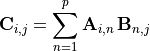 \mathbf{C}_{i,j} = \sum_{n=1}^{p} \mathbf{A}_{i,n} \,
\mathbf{B}_{n,j}