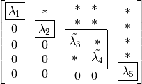 \begin{bmatrix}
    \begin{matrix}
        \boxed{\lambda_1} & * \\
        0 & \boxed{\lambda_2}  \\
        0 & 0 \\
        0 & 0 \\
        0 & 0
    \end{matrix}  & \begin{matrix}
                    \begin{matrix}
                        * & * \\
                        * & *
                    \end{matrix} \\
                 \boxed{ \begin{matrix}
                     \tilde{\lambda_3} & * \\
                               * & \tilde{\lambda_4}
                          \end{matrix} } \\
                    \begin{matrix}
                        0 & 0
                    \end{matrix}
                    \end{matrix}  & \begin{matrix}
                                        * \\ * \\ * \\ * \\
                                        \boxed{\lambda_5}
                                    \end{matrix}
    \end{bmatrix}