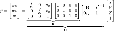 \tilde{p}=\begin{bmatrix} wu \\ wv \\ w \end{bmatrix}
 = \underbrace{\underbrace{
 \begin{bmatrix} \frac{f}{\rho_u} & 0 & u_0 \\
                      0 & \frac{f}{\rho_v} & v_0 \\
                      0 & 0 & 1 \end{bmatrix}
\begin{bmatrix} 1 & 0 & 0 & 0 \\ 0 & 1 & 0 & 0 \\
                0 & 0 & 1 & 0 \end{bmatrix}}_{\mathbf{K}}
{\begin{bmatrix} \mathbf{R} & t \\
       \mathbf{0}_{1\times 3} & 1\end{bmatrix}}^{-1}}_{\mathbf{C}}
\begin{bmatrix} X \\ Y \\ Z \\ 1\end{bmatrix}