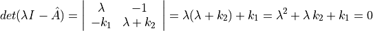 det(\lambda \mathit{I} - \hat{A}) =
\left| \begin{array}{cc}
        \lambda & -1 \\
      -k_1 & \lambda + k_2
     \end{array} \right|
     = \lambda(\lambda + k_2) + k_1
     = \lambda^{2} + \lambda\,k_2 + k_1 = 0